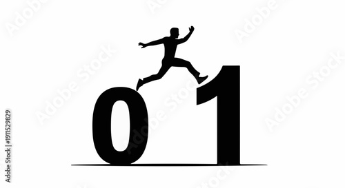 Silhouette of a person leaping over the number zero onto the number one, symbolizing progress and achievement.