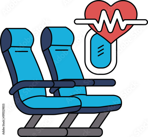 A black and white drawing of a plane with two seats and a heart on the side