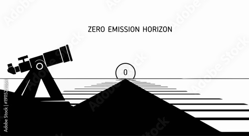 Telescope focused on a distant horizon with a zero emission symbol, symbolizing future environmental goals.
