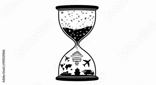 Hourglass symbolizes the passage of time with global transportation elements and abstract particles.