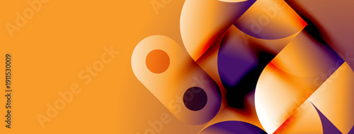 Abstract shapes, vibrant orange hues dominate. Purple accents create depth, modern design. Smooth gradients suggest movement, energy.