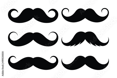 Six Black Mustache Silhouettes on White Background