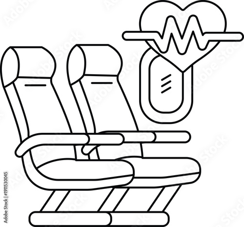 A black and white drawing of a plane with two seats and a heart on the side