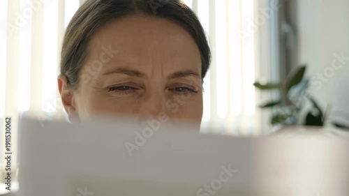 Presbyopia woman stress fatigue focus concept. presbyopia woman stress fatigue focus middle aged adult reading difficulty eye strain concentration