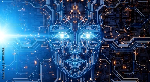 Blue circuit board face with glowing eyes technology