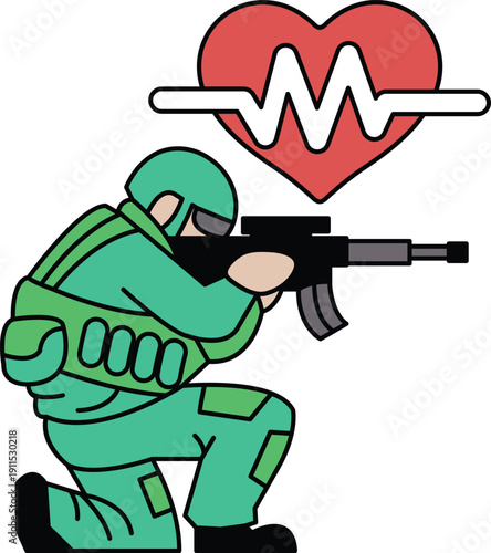 A man in a military uniform is holding a gun and crouching down