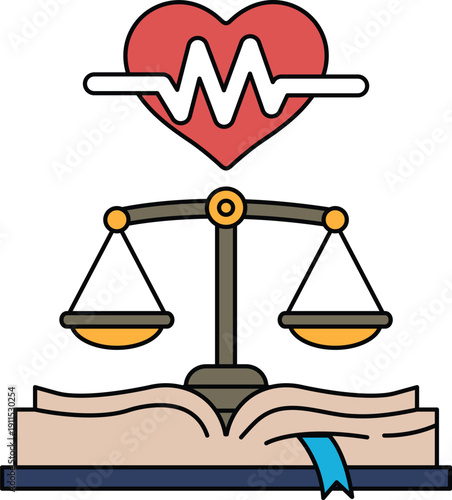 A black and white drawing of a scale with a heart and a book