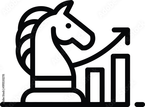 A minimalist line art illustration depicts a chess knight positioned above a rising bar graph high-quality