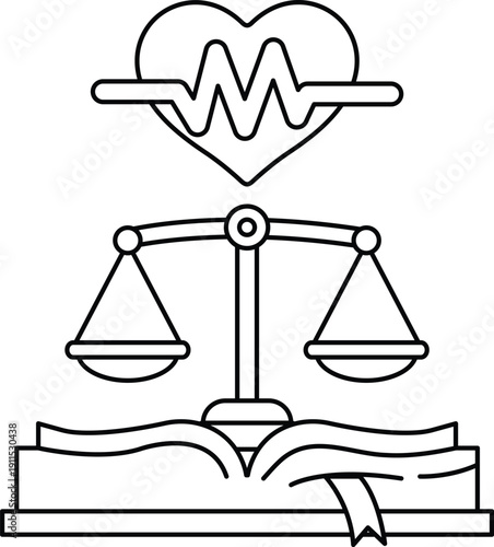 A black and white drawing of a scale with a heart and a book