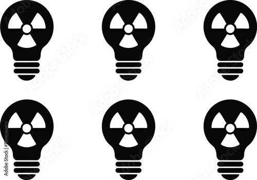 Six Black Lightbulbs with Radiation Symbol Inside on White Background