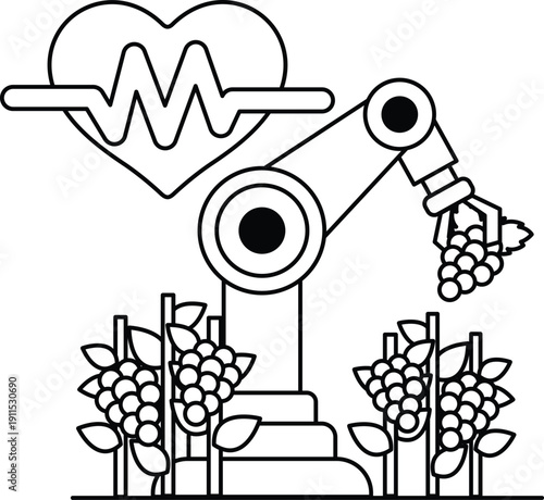 A robot is picking grapes from a vineyard