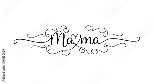 Black vector illustration of 'Mama' with heart and floral swirls isolated on transparent background