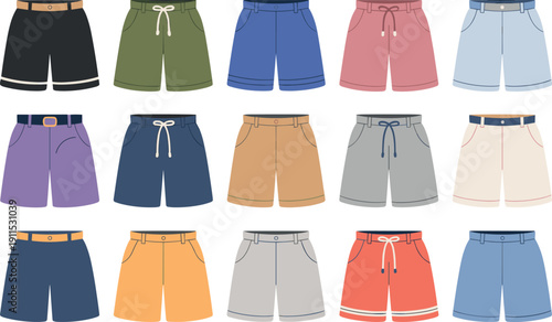 Large collection of colorful men's casual shorts and swim trunks in various styles isolated on white background vector.