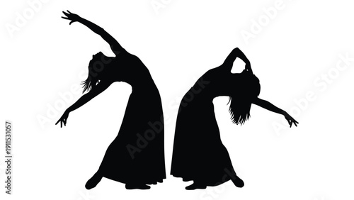 Two silhouettes of dancers in flowing dresses performing on a white background Vector