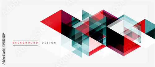 Abstract geometric pattern. Overlapping triangles create dynamic visual effect. Red, teal, gray hues dominate composition. Modern design element.