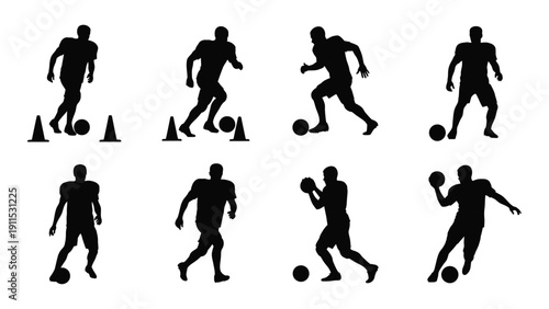 Silhouettes of athletes performing various sports activities in black and white Vector