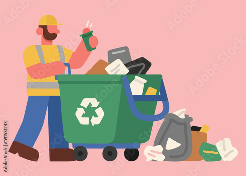 Male Garbage Collector Collects Garbage Illustrator Artwork Creative Design Template 