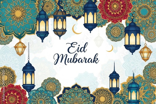 Celebrating eid with traditional lanterns and floral patterns in a vibrant digital illustration