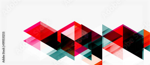 Abstract geometric shapes overlap, creating dynamic composition. Red, black, teal hues dominate white background. Modern design element.