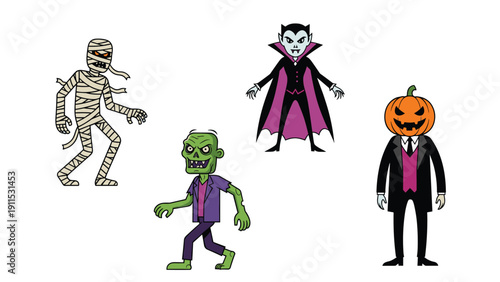 Collection of four classic Halloween monsters including a mummy zombie vampire and a pumpkin headed man on white background.