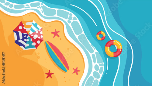 Vibrant top view of a sandy beach with blue ocean waves a colorful umbrella a surfboard and lifebuoys for summer vacation.
