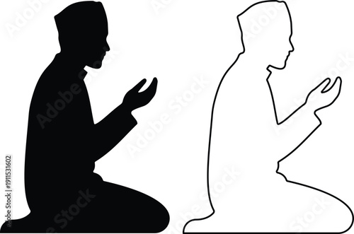 Muslim man praying icon set, Islamic dua worship silhouette symbol collection and group, Ramadan prayer posture illustration in flat and line style vector isolated on transparent background