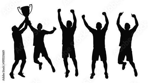 Jubilant group of people celebrating victory with a trophy Vector