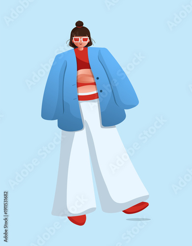 Contemporary Fashion Woman in Blue Oversized Jacket Flat Illustration