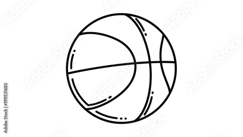 Simple black and white line art drawing of a basketball with its characteristic panels and seams isolated on white background.