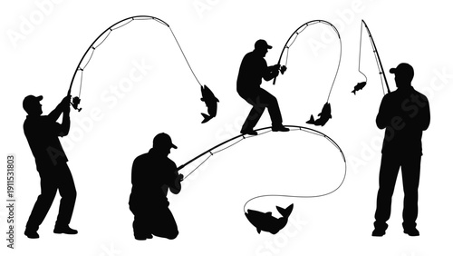 Group of people enjoying a day of fishing at a scenic location. Vector