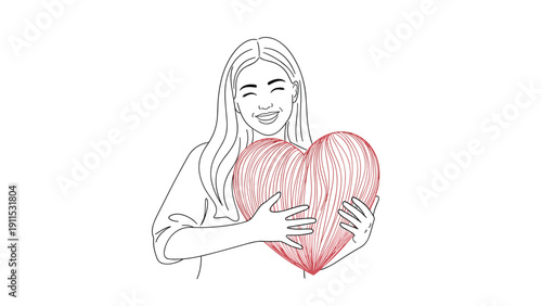 Happy young woman with long hair hugs a giant textured red heart expressing love and affection in a simple line art illustration.