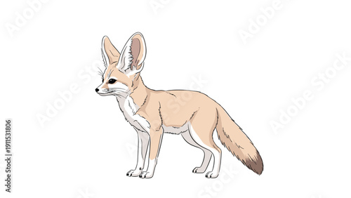 Small fennec fox with characteristic large ears and a fluffy tail stands in a side view illustration on a plain white background.