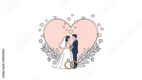 Romantic wedding illustration featuring a bride and groom inside a heart frame decorated with leaves, flowers, and golden rings.