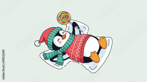 Adorable penguin in a red winter sweater and hat makes a snow angel on the ground while holding a colorful swirled lollipop.