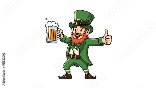 Cheerful leprechaun in a green suit and top hat raises a frothy mug of beer and gives a thumbs up for Saint Patricks Day.