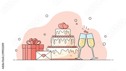 Elegant wedding celebration scene includes a three-tiered cake with hearts, a gift box, a love letter, and clinking champagne flutes.