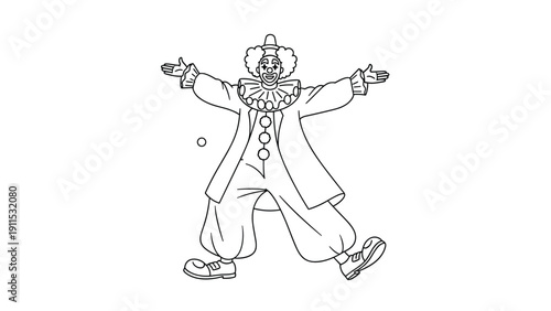 Classic circus clown in a full ruffled costume and makeup stands with open arms in a simple black and white line drawing.