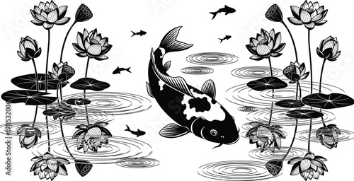 Title Koi fish swimming in pond with lotus flowers and water ripples, black and white vector illustration for zen garden, oriental nature art design