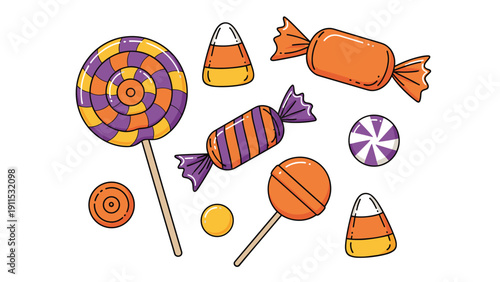 Assortment of colorful halloween candies including lollipops, hard candy, candy corn, and wrapped sweets in a fun vector layout.