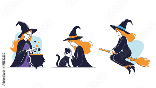 Three magical scenes featuring a young witch brewing a potion, petting a black cat, and flying on her broomstick in the air.