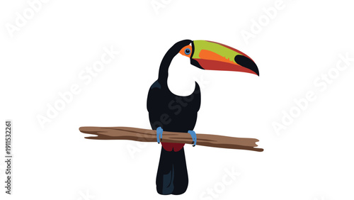 Colorful toucan bird with a large bright bill perches calmly on a weathered wooden branch against a white background.