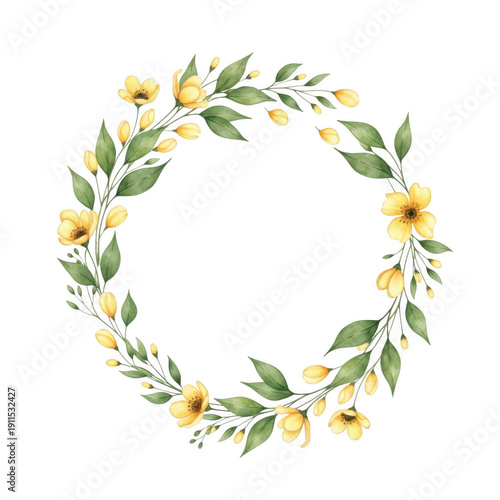 A beautiful wreath made of yellow flowers and green leaves isolated on transparent background