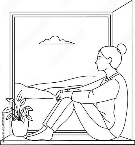 A young woman sits thoughtfully on a windowsill looking out at a peaceful landscape view