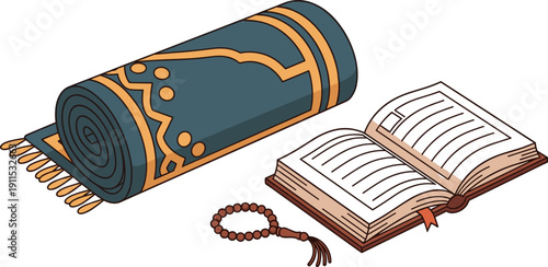 Islamic prayer rug silhouette, tasbih prayer beads illustration, Quran holy book open, religious worship items, spiritual reflection tools, cultural faith symbols