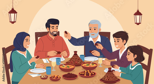 Family dining together silhouette, Ramadan iftar meal illustration, cultural celebration at table, traditional food sharing, festive lantern decor, communal gathering artwork