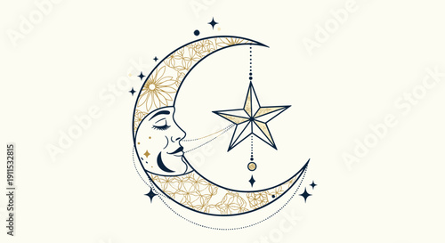 Crescent moon with human face illustration, Islamic decorative star artwork, celestial floral pattern design, cultural spiritual symbol, Ramadan festive decor