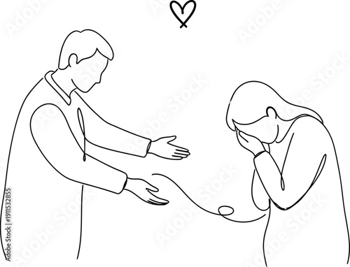 Simple line drawing of a man reaching out to a woman in distress with a heart above them.