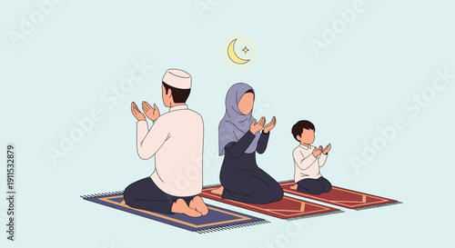 Family prayer illustration, Islamic devotion artwork, Ramadan worship scene, crescent moon faith symbol, cultural religious tradition design, spiritual family unity silhouette