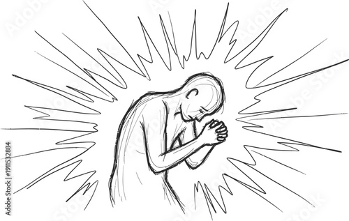 Emotional man in anguish with clenched fists and dramatic lines