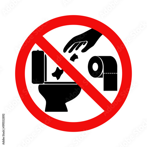 Do not flush toilet paper down the toilet, No litter down the toilet sign. Flat vector illustration design